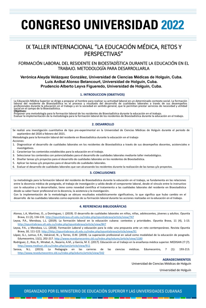 LABOR FORMATION OF THE RESIDENT ON BIOSTATISTICS DURING EDUCATION AT WORK. METHODOLOGY TO DEVELOP IT