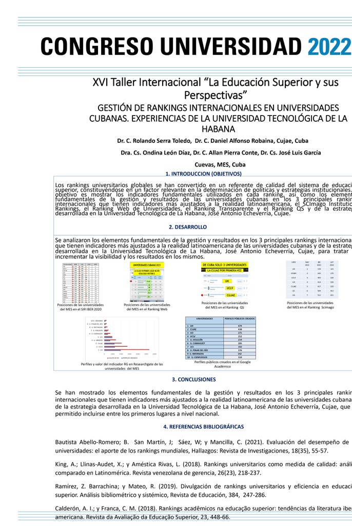 MANAGEMENT OF INTERNATIONAL RANKINGS IN CUBAN UNIVERSITIES. EXPERIENCES OF THE TECHNOLOGICAL UNIVERSITY OF HAVANA