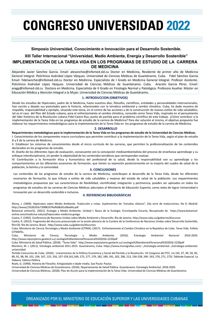 IMPLEMENTATION OF THE TASK LIFE IN PROGRAMS OF STUDY OF THE CAREER OF MEDICINE.