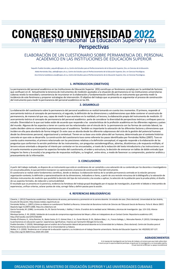 Preparation of a questionnaire on the permanencia of academic personnel in Higher Education Institutions
