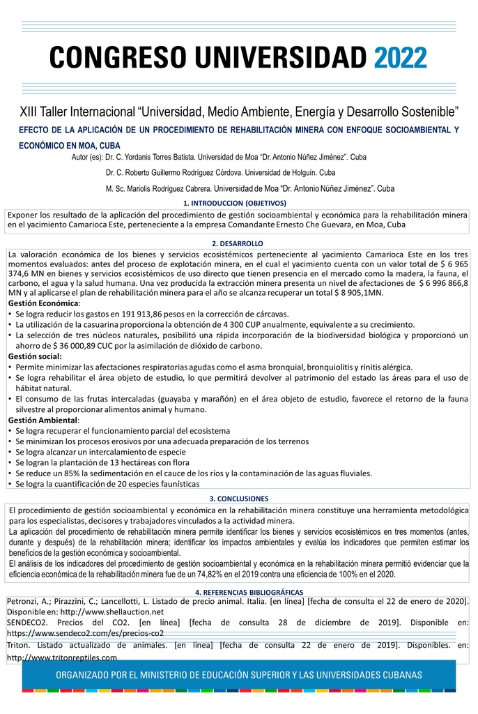 EFFECT OF THE APPLICATION OF A MINING REHABILITATION PROCEDURE WITH A SOCIO-ENVIRONMENTAL AND ECONOMIC APPROACH IN MOA, CUBA
