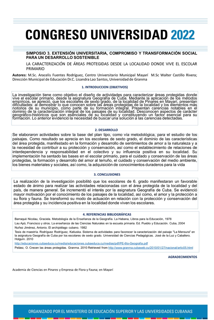 THE CHARACTERIZATION OF AREAS PROTECTED FROM THE LOCALITY WHERE LIVE THE PRIMARY STUDENTS